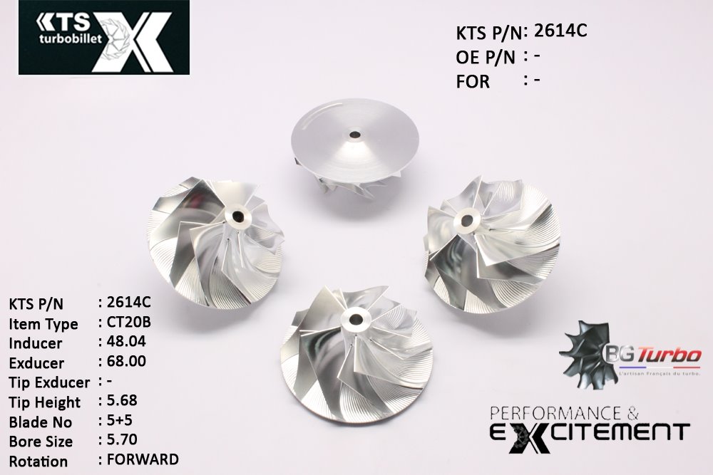 Turbo ROUE FORGÉE MFS PERFORMANCE - 5+5 PALES - INDUCER : 48,04 - EXDUCER : 68 - TYPE : CT20BANGLE : 35° - ROTATION : Forward - SUPER BACK : 2 - BORE SIZE : 5,7
